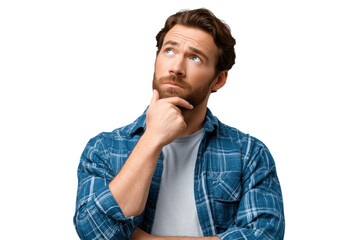 Contemplative Man in Thought: A man deep in thought, gazing upwards with a thoughtful expression, his hand gently touching his chin, personifying intellectual curiosity and reflection.