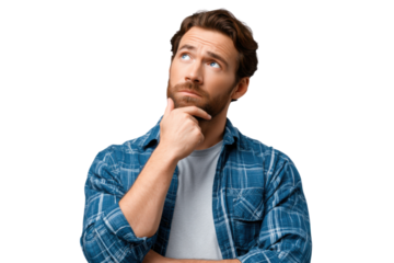 Contemplative Man in Thought: A man deep in thought, gazing upwards with a thoughtful expression, his hand gently touching his chin, personifying intellectual curiosity and reflection.