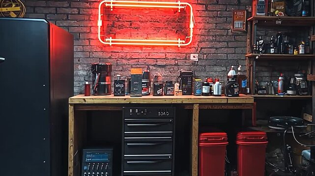 Rustic workshop interior with neon sign