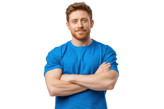 Confident and Ready: A young man with a confident expression and muscular physique stands against a plain background, arms crossed.