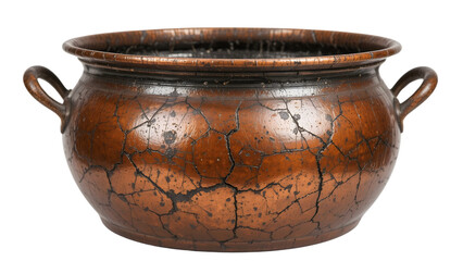 Old copper cauldron for mountain cheese making in Andorran villages patina finish isolated on white