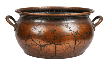 Old copper cauldron for mountain cheese making in Andorran villages patina finish isolated on white