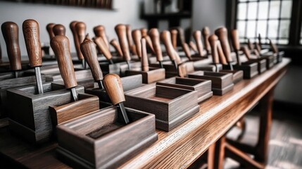 Wooden tools arranged on a workbench