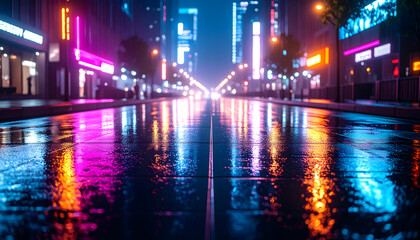 Obraz premium ネオンが反射する雨の路面
