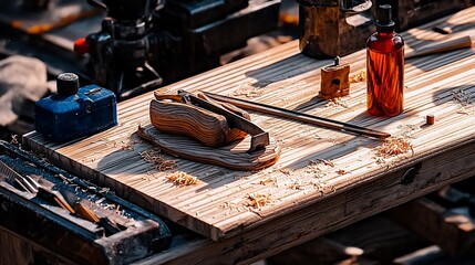 Wooden tools and shavings on a workbench