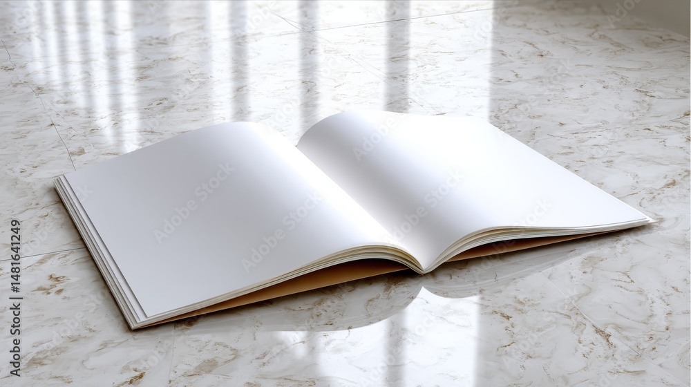 Poster An open notebook rests on a polished quartz table accompanied by minimalist kraft packaging, reflecting an organized and sophisticated workspace setting