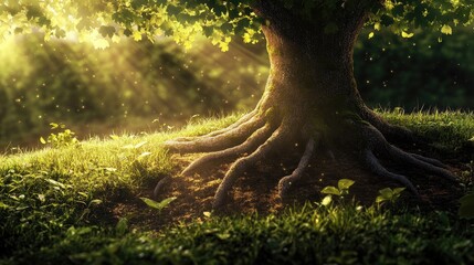 Lush, sun-drenched tree roots extending into the earth.
