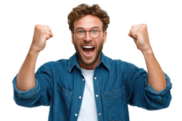 Triumphant Expression: A close-up shot of a jubilant man, his eyes wide with exhilaration and his fists clenched in a powerful display of excitement.