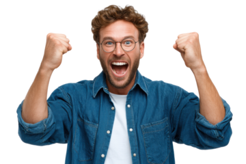 Triumphant Expression: A close-up shot of a jubilant man, his eyes wide with exhilaration and his fists clenched in a powerful display of excitement.