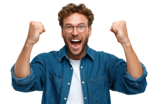 Triumphant Expression: A close-up shot of a jubilant man, his eyes wide with exhilaration and his fists clenched in a powerful display of excitement.