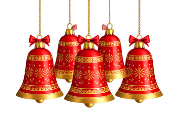  6 Christmas bell, red and gold in color with a patterned decoration, hanging on a Transparent  background.