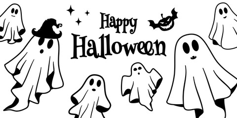 Happy halloween typography calligraphy and spooky ghost, pumpkin. Adorable halloween festival elements for decoration, prints. illustration vector.