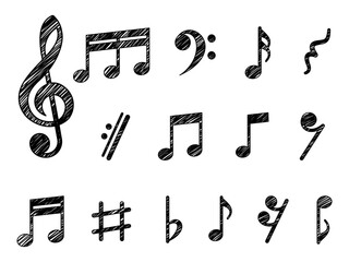 Fototapeta premium A collection of musical notes and symbols. Musical notes in various shapes. Symbols include treble clef, rests, and more. Perfect for music education and design. Music elements, vector set.