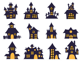 Halloween haunted house silhouette collection. Halloween spooky ghost house. Isolated Halloween haunted house church and other buildings.