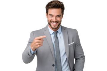 Confident Professional: A charismatic professional in a tailored gray suit points with purpose and a confident smile, embodying business success.