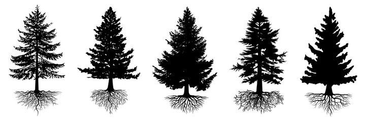 collection isolated pine trees and roots Symbol silhouette style on white background. Can be used for your work.