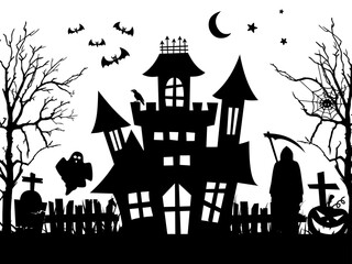 Halloween haunted house silhouette with bats and graveyard, spooky scary castle for Halloween decoration, party invitation, poster, greeting card, black vector illustration.
