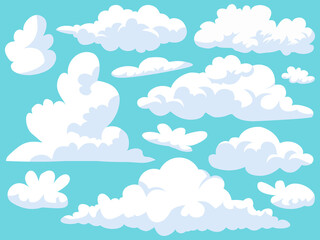 Set of cartoon cloud in a flat design. White cloud collection. Hand drawn illustration.