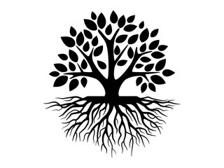 Silhouette branch trees and roots icon or logo style. hand drawn illustration on white background.