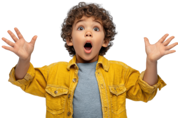 Amazed Child: A young boy with curly hair, wearing a yellow jacket, expresses pure astonishment with wide eyes and open mouth, his hands raised in surprise.
