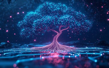 Ultra-realistic 3D render of a cyber tree with intricate branching circuits. 