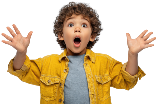 Amazed Child: A young boy with curly hair, wearing a yellow jacket, expresses pure astonishment with wide eyes and open mouth, his hands raised in surprise.