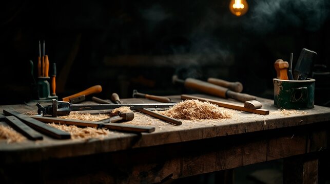 Wooden workbench filled with carpentry tools and sawdust