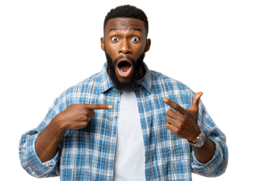 Astonished by the Unexpected: A man expresses disbelief and shock as he points at himself, an image embodying bewilderment and surprise.