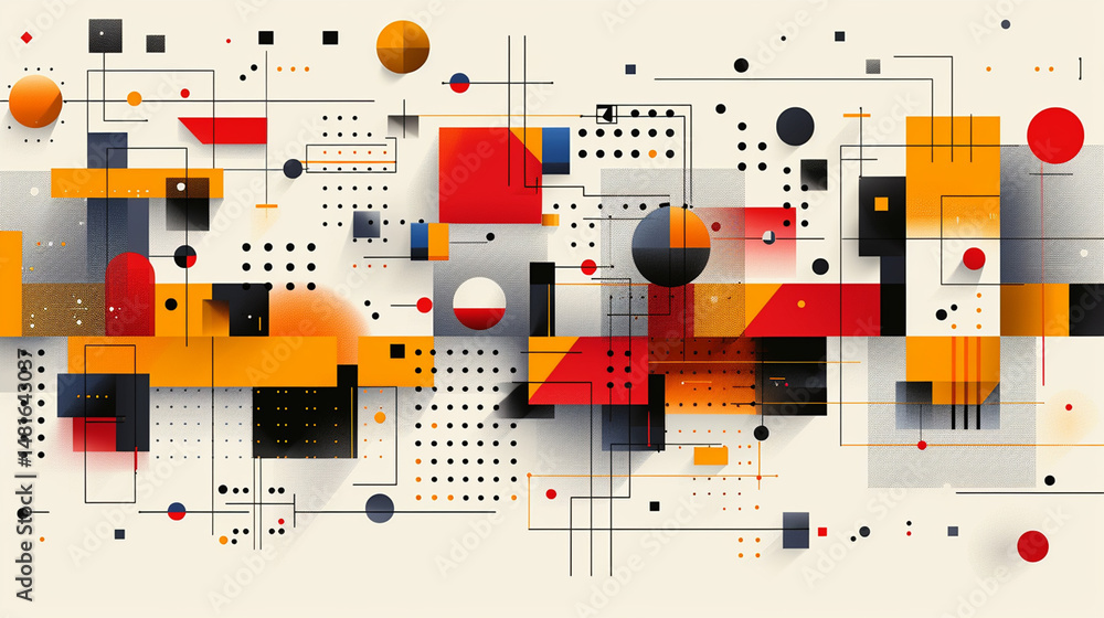Poster abstract geometric design with vibrant colors and interconnected shapes.