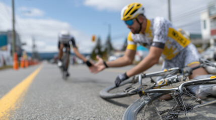 Fototapeta premium Bicycle Racer Fall in the Street: A fallen bicycle racer in the moment of a race, his bicycle flipped to the ground while his competitor goes on and reach out to help.