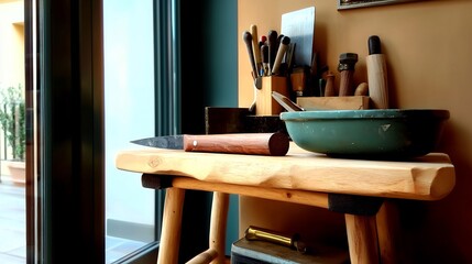 Wooden workbench with tools and accessories