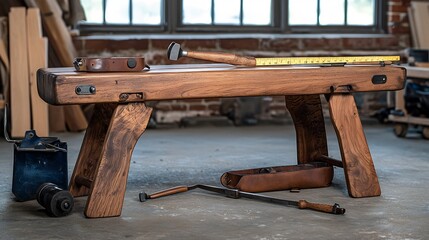 Wooden workbench, handmade, with tools.  Solid piece of furniture