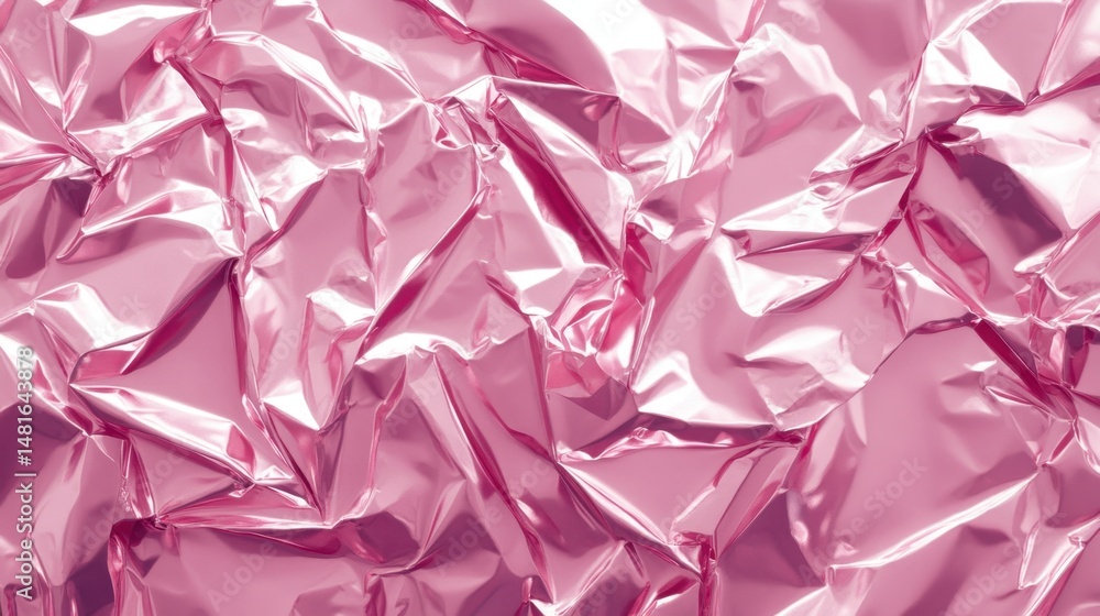 Poster close-up of shiny wrinkled pink aluminum foil texture with reflection and shadow for background or d