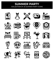 25 Summer Party Icons. A vibrant collection of summer party themed icons