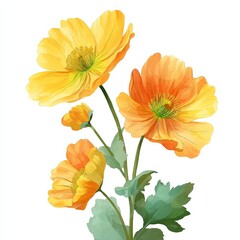 Vivid orange and yellow flowers blooming with lush green leaves in a bright setting