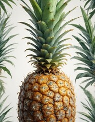 Obraz premium Realistic watercolor artwork of a pineapple with intricate details on a plain white background, fruit, art, realistic