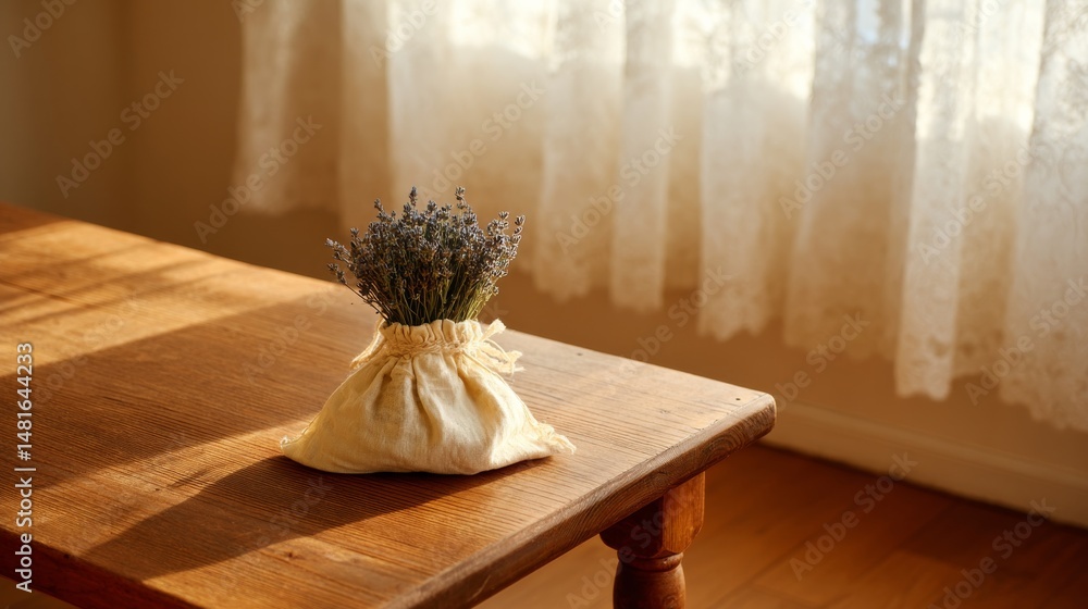 Aufkleber a loosely tied fabric pouch filled with lavender sits on a rustic wooden bench. sunlight filters thr
