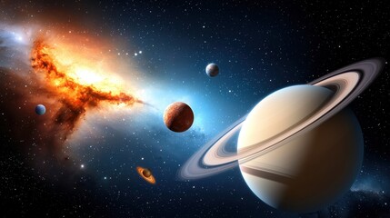 Fototapeta premium A breathtaking cosmic vista showcases Saturn's majestic s and vibrant nebula alongside other planets in a stunning display of celestial beauty and awe-inspi wonder across
