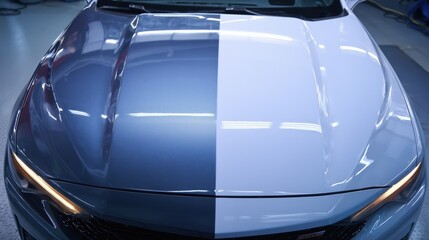 Car Hood Half Painted with Protective Coating in Demo Session