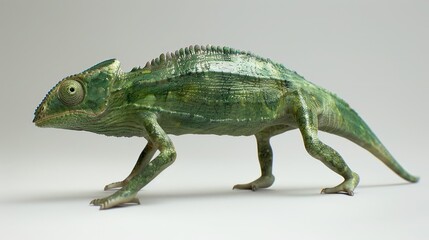 Obraz premium Side view of a green chameleon. Detailed view of the lizard's scales and body, with a light-colored background
