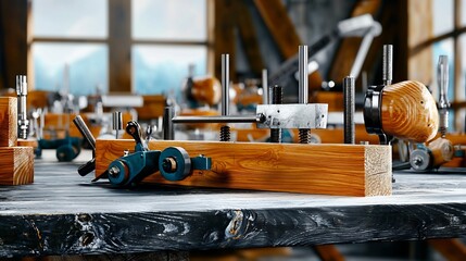 Wooden workpieces, tools and clamps on a workbench