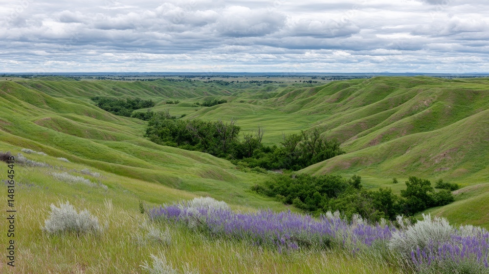 Poster low-angle view of rolling green hills adorned with bright purple and white wildflowers, soft clouds 