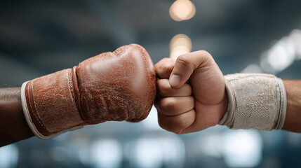 Boxer's Pact: Two fists, one clad in a well-worn boxing glove and the other with a wristband, meet in a gesture of respect and unity, embodying the essence of sportsmanship and competition.