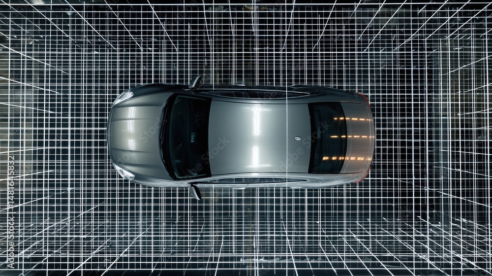 Poster overhead view of car reflecting in grid with led lights