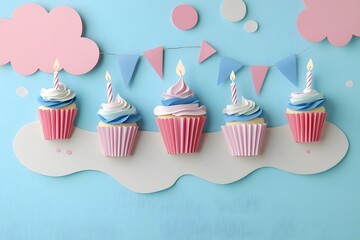 3D paper cut-style birthday party banner with cupcakes and candles on a pastel background, flat lay, copy space concept design for a web banner