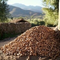 Obraz premium Almond Harvest in Scenic Landscape with Blue Sky and Mountains