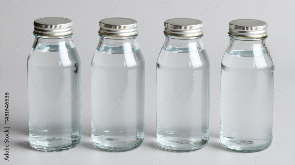 Poster four elegant glass bottles with no labels stand side by side on a neutral backdrop, perfect for show