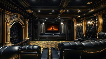 Lavish home theater with black leather seating and baroque architectural ornamentation
