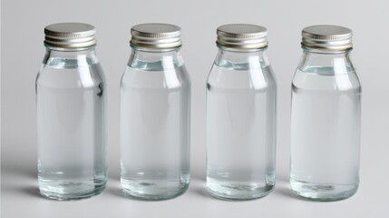 Four elegant glass bottles with no labels stand side by side on a neutral backdrop, perfect for showcasing beverage designs or product concepts