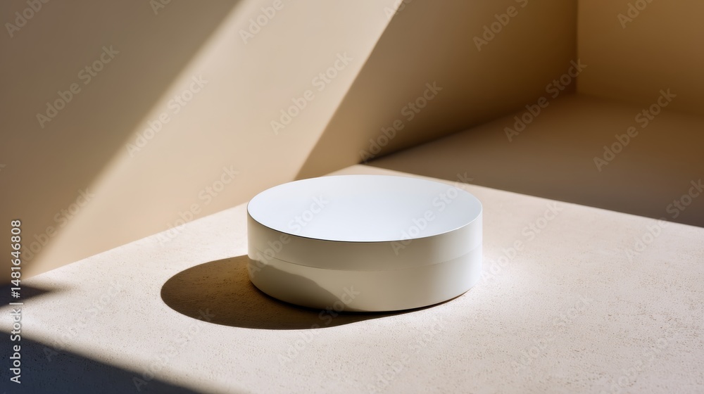 Aufkleber White ceramic canister sits on a smooth beige surface, illuminated by gentle light creating soft shadows, ideal for showcasing product design and styling